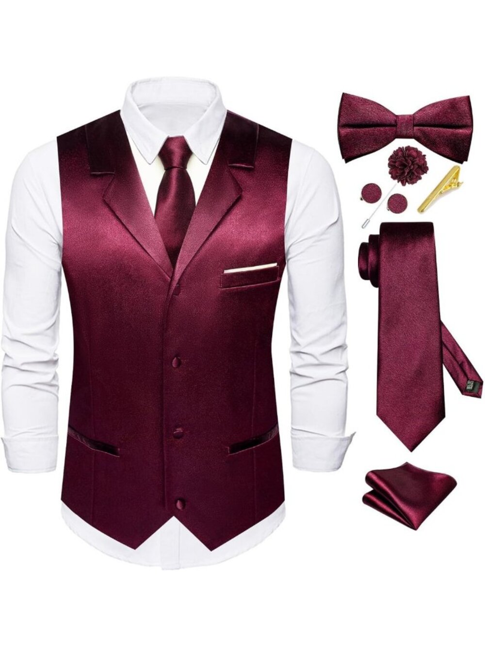 Men's Satin Waistcoat & Bowtie Set - Solid Vest with Lapel Pin for Weddings